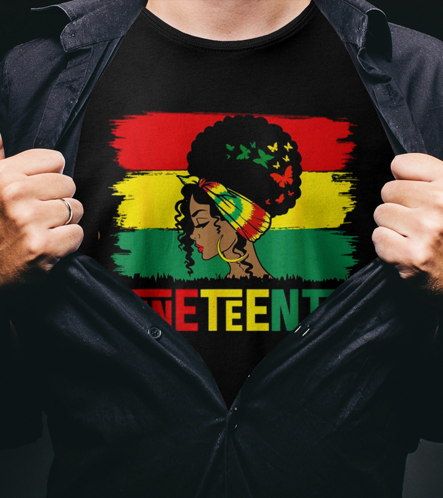 Juneteenth Remembering My Ancestors Celebrate Black Freedom Afro Woman Rasta Colors Flags T-Shirt