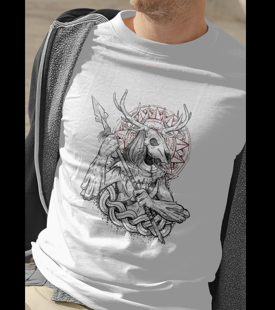 Leshy Forest Guardian Mythical Antlered Protector With Spear And Celtic Knot Motif T-Shirt