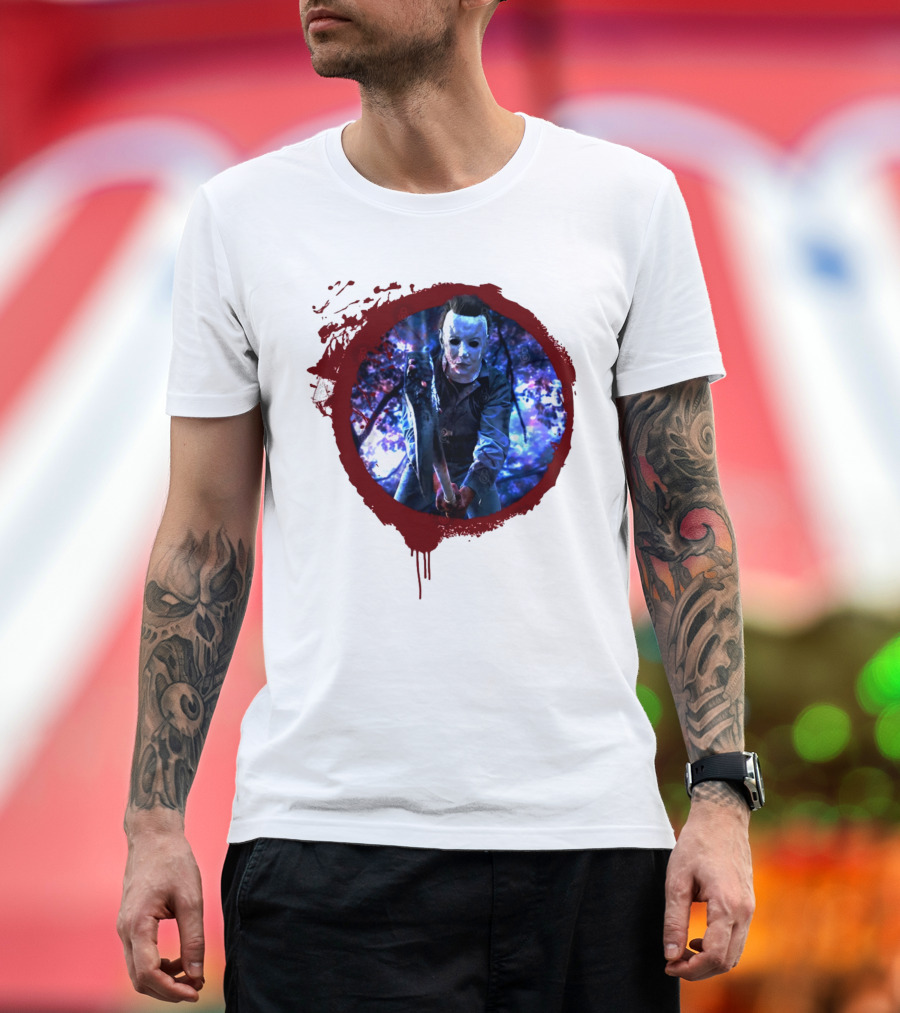 Myers Attack Blood Splatter Horror Mask Iconic Blue Woods Scene T-Shirt
