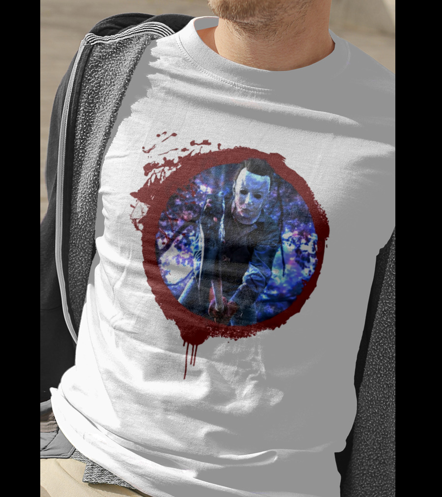 Myers Attack Blood Splatter Horror Mask Iconic Blue Woods Scene T-Shirt