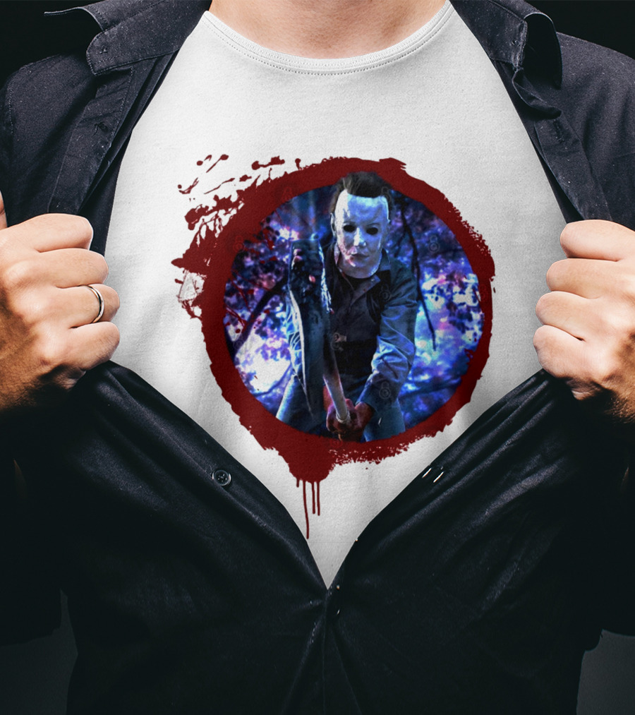 Myers Attack Blood Splatter Horror Mask Iconic Blue Woods Scene T-Shirt