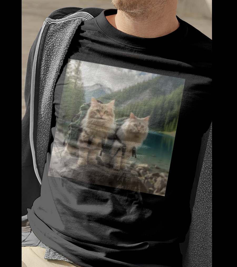 Two American Longhair Cats Are Mountaineering With Backpacks In Scenic Mountain Forest Near Lake T-Shirt