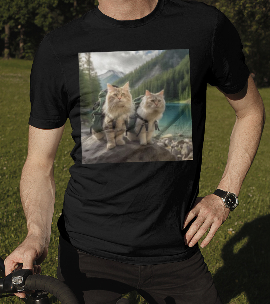 Two American Longhair Cats Are Mountaineering With Backpacks In Scenic Mountain Forest Near Lake T-Shirt