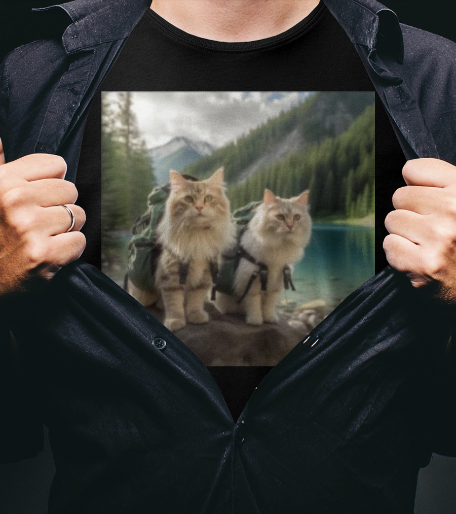 Two American Longhair Cats Are Mountaineering With Backpacks In Scenic Mountain Forest Near Lake T-Shirt
