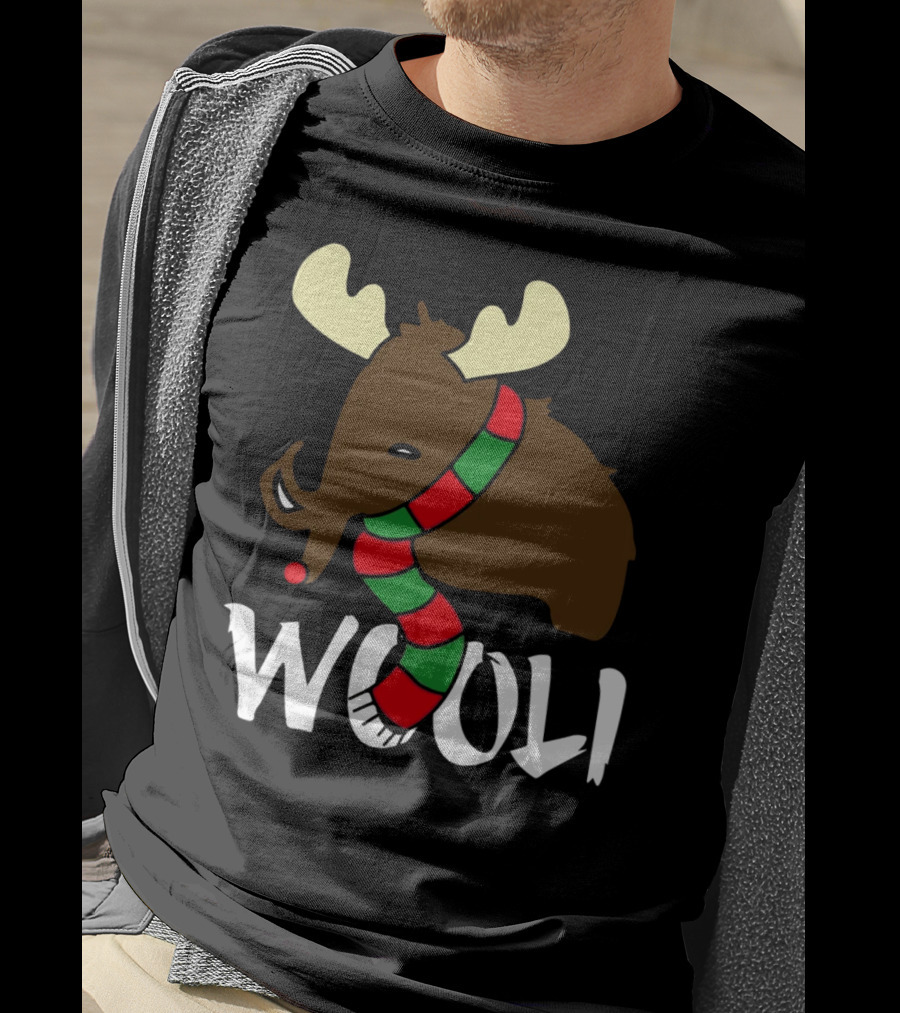 Wooli Mammoth Wearing Red And Green Scarf With Antlers T-Shirt