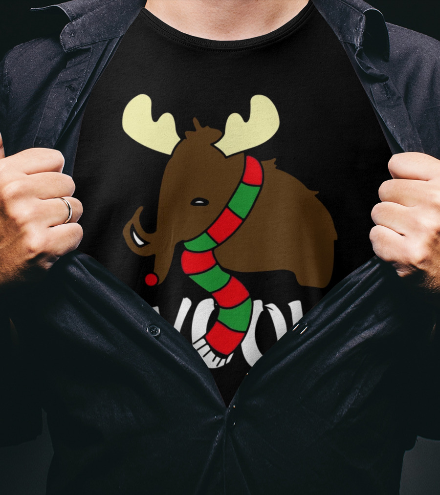 Wooli Mammoth Wearing Red And Green Scarf With Antlers T-Shirt