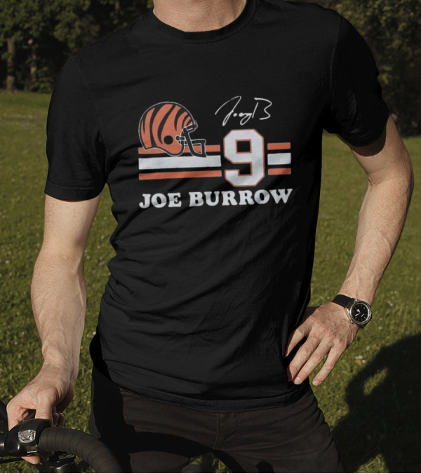 Cincinnati Bengals Joe Burrow Number 9 Helmet Signature T-Shirt