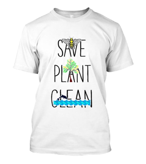 Save The Bees Plant The Trees Clean The Sea Bee Tree Dolphin Waves T-Shirt