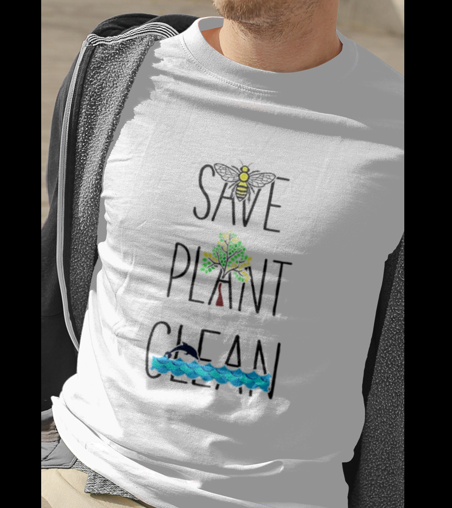 Save The Bees Plant The Trees Clean The Sea Bee Tree Dolphin Waves T-Shirt