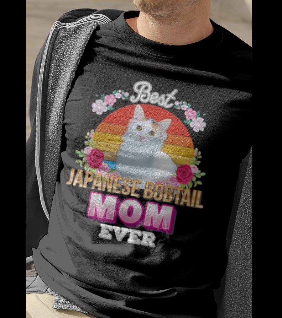 Best Japanese Bobtail Mom Ever Rainbow Floral Cat T-Shirt