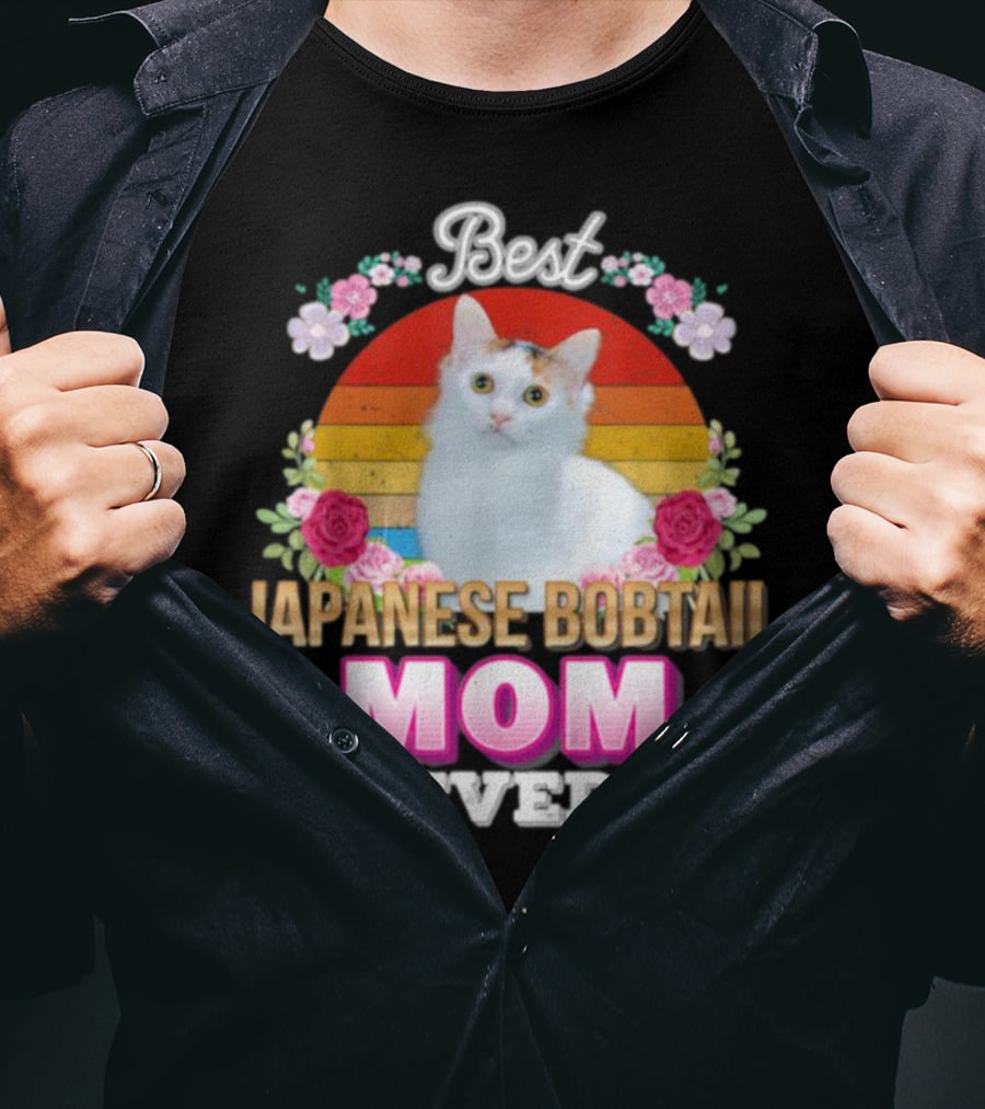 Best Japanese Bobtail Mom Ever Rainbow Floral Cat T-Shirt