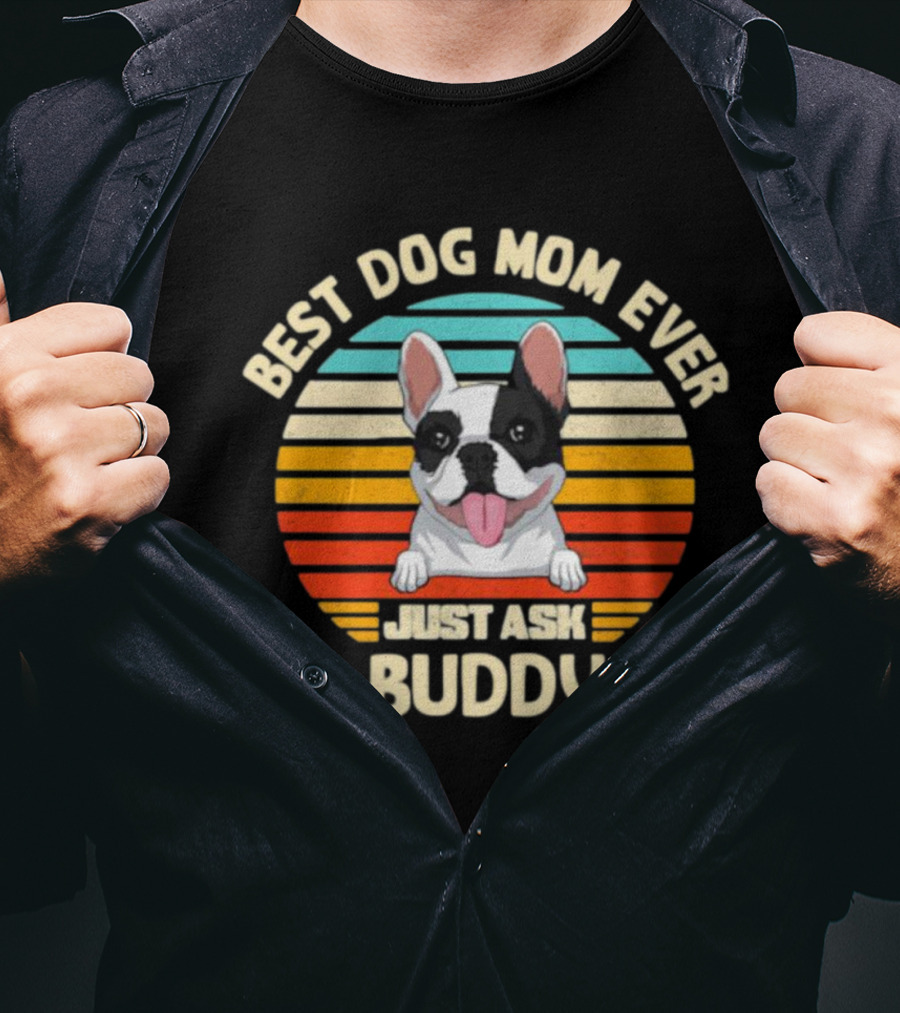 Best Dog Mom Ever Just Ask Buddy Vintage French Bulldog With Stripes T-Shirt