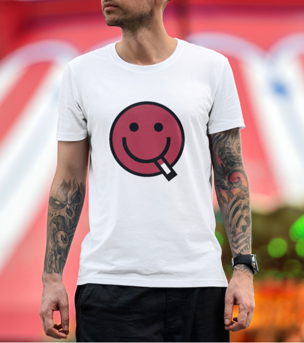 Premium T-Shirt: Devolver Digital Cyggy Smiley Face Icon with Cigarette T-Shirt Devolver Digital Cyggy Smiley Face Icon with Cigarette T-Shirt