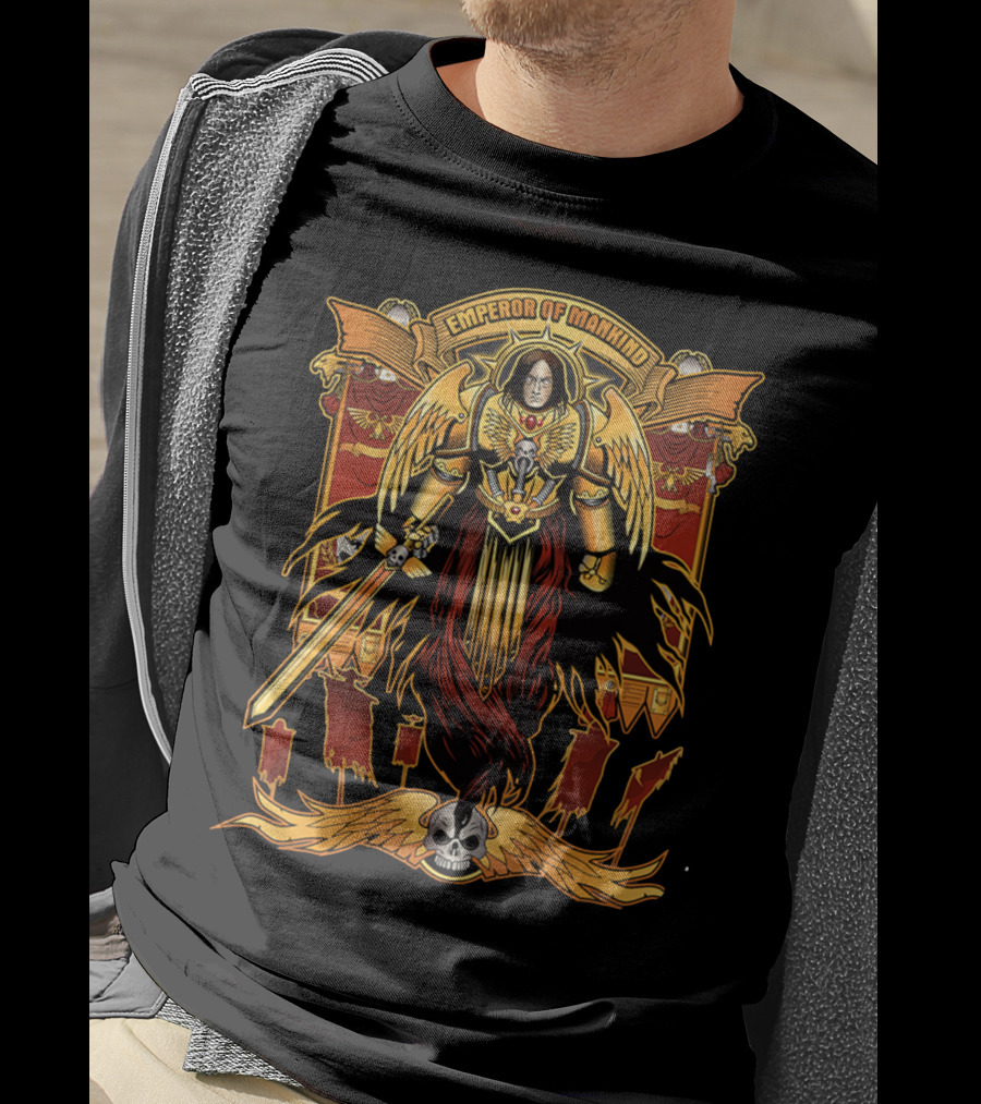 Emperor Of Mankind Golden Armor Angelic Warrior With Sword And Skull T-Shirt