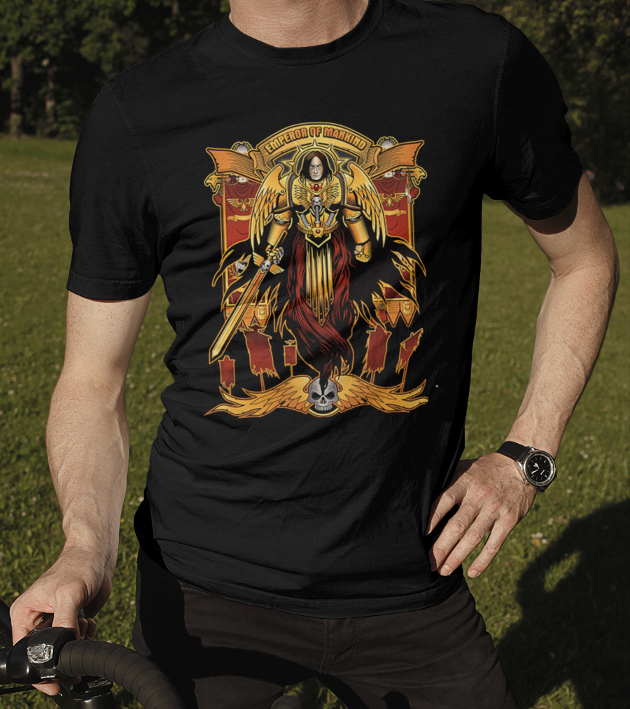 Emperor Of Mankind Golden Armor Angelic Warrior With Sword And Skull T-Shirt
