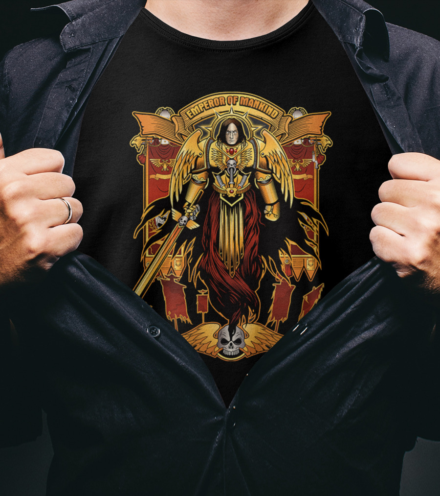 Emperor Of Mankind Golden Armor Angelic Warrior With Sword And Skull T-Shirt