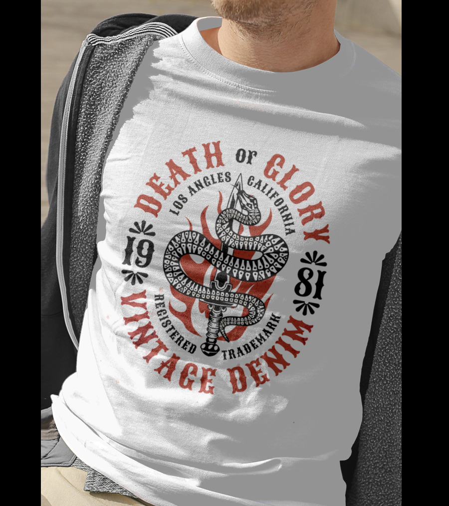 Death Of Glory Los Angeles California Vintage Denim 1981 Sword Snake Registered Trademark T-Shirt