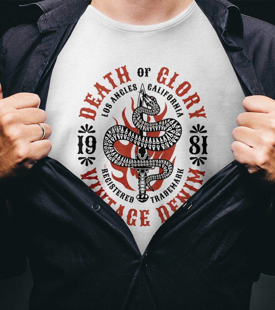 Death Of Glory Los Angeles California Vintage Denim 1981 Sword Snake Registered Trademark T-Shirt