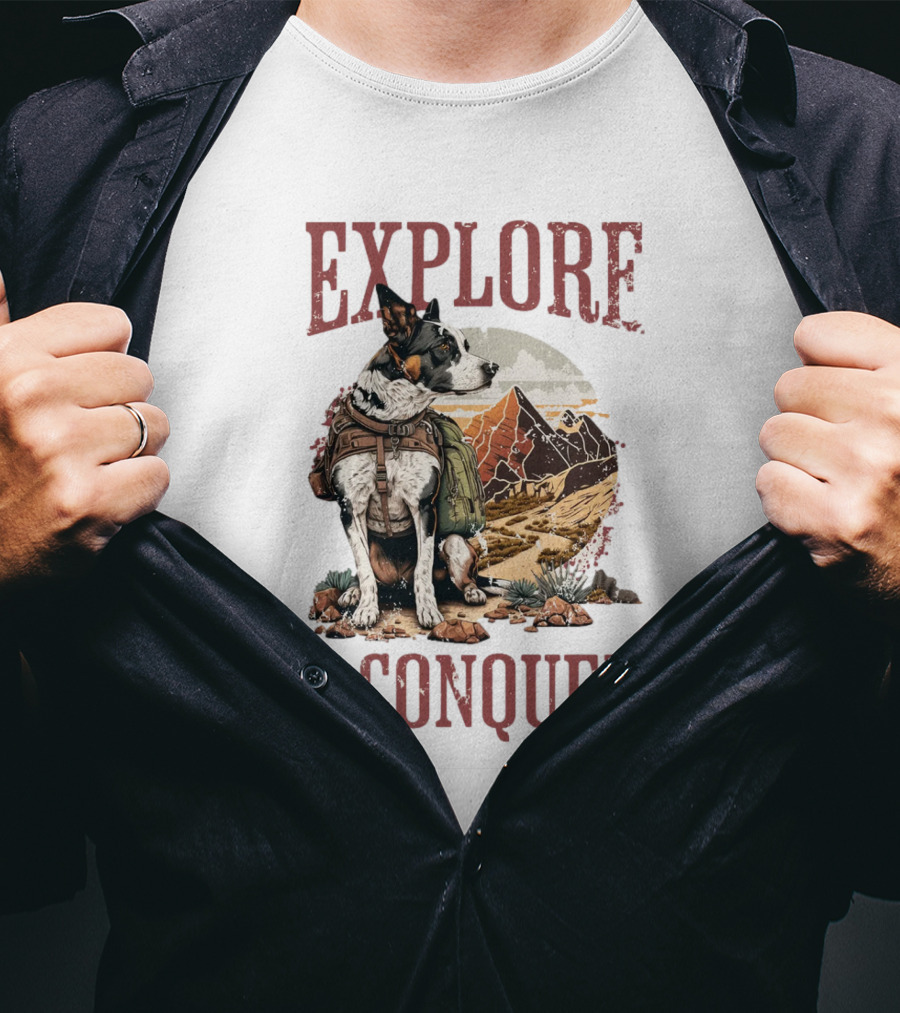 Explore And Conquer Journey With Dog And Mountains T-Shirt