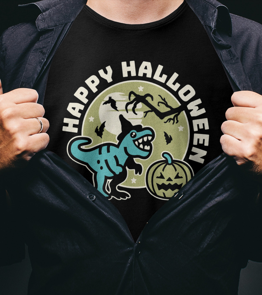 Happy Halloween Dinosaur With Pumpkin And Bats T-Shirt