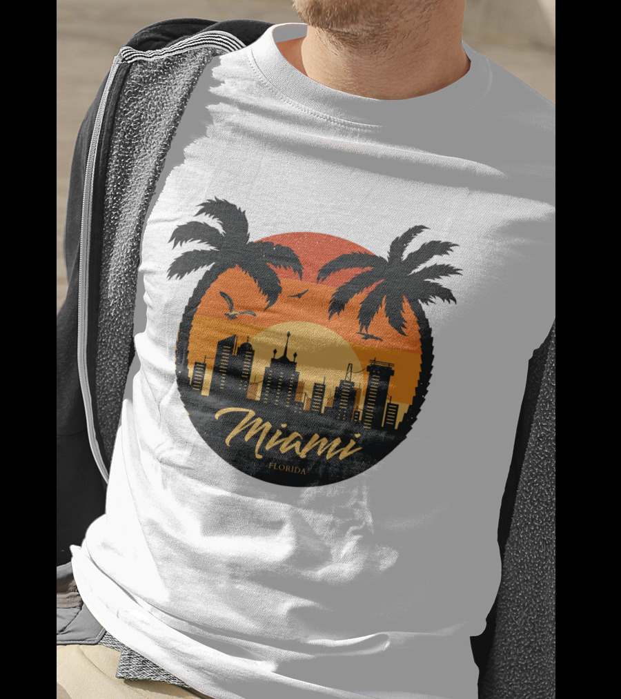 Miami Florida Sunset Skyline Palm Trees T-Shirt