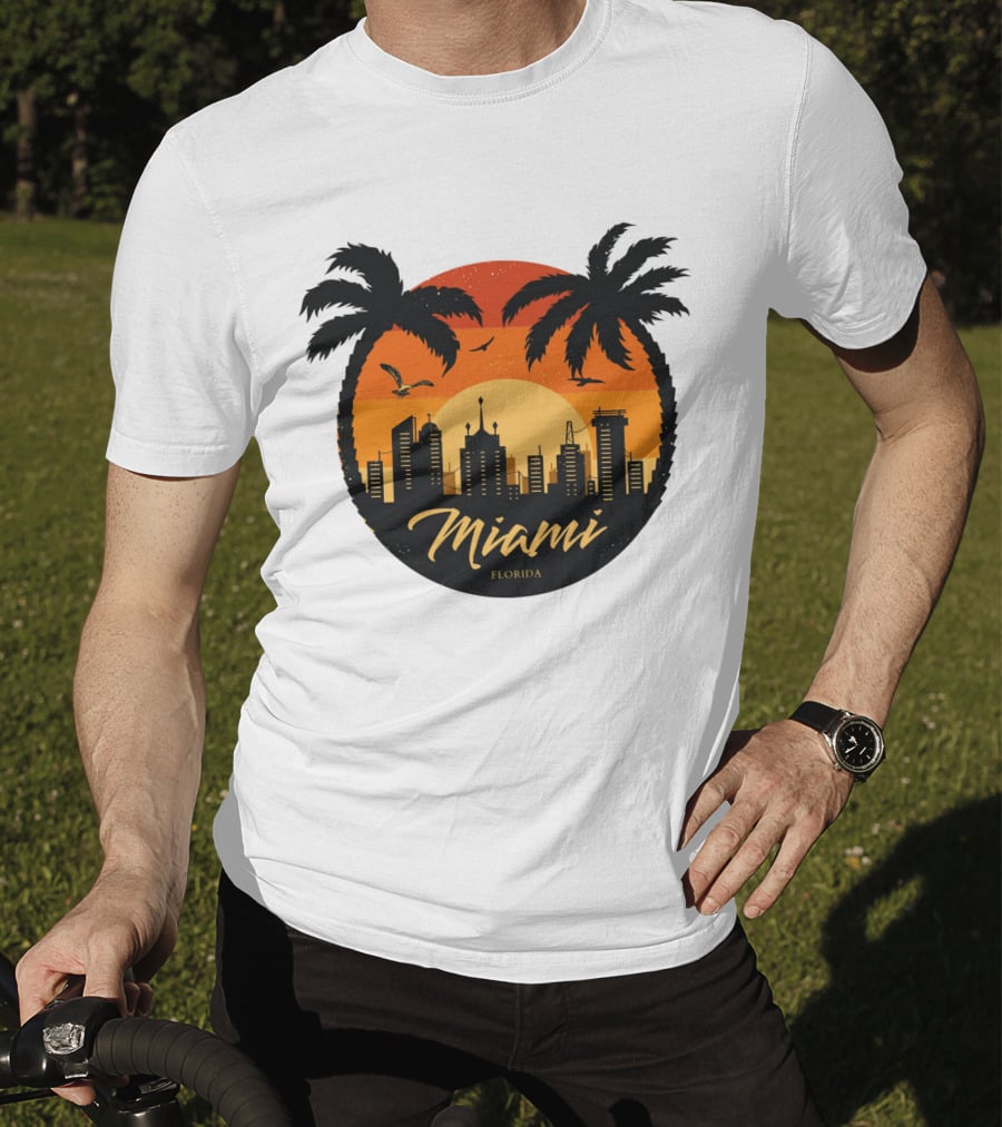 Miami Florida Sunset Skyline Palm Trees T-Shirt