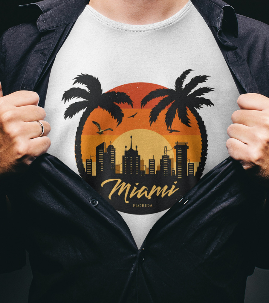 Miami Florida Sunset Skyline Palm Trees T-Shirt