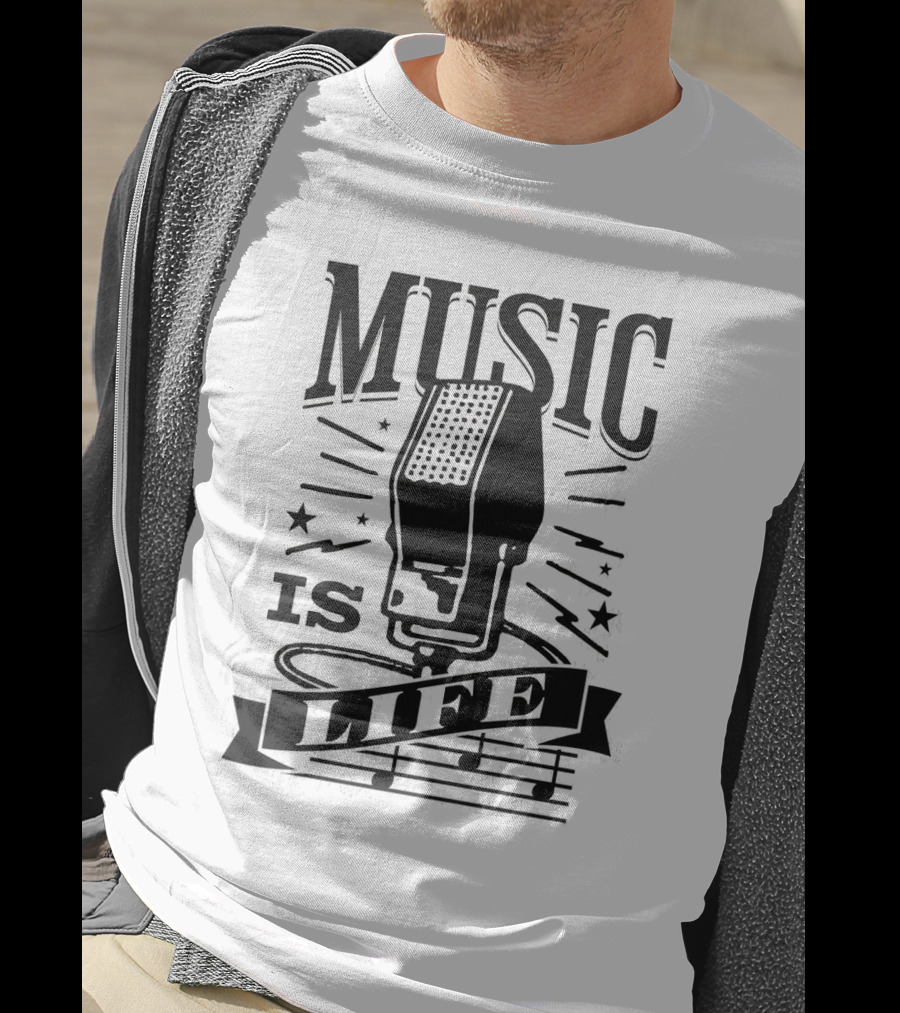 Music Is Life Retro Microphone Notes Stars T-Shirt