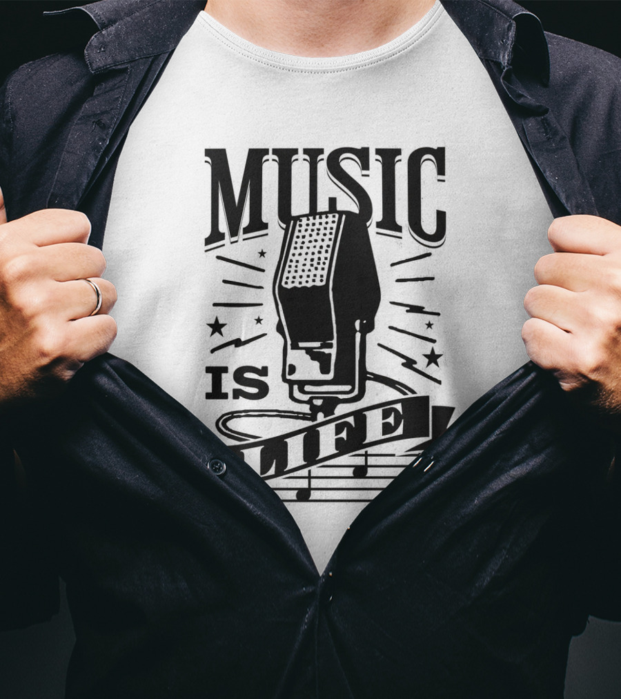 Music Is Life Retro Microphone Notes Stars T-Shirt