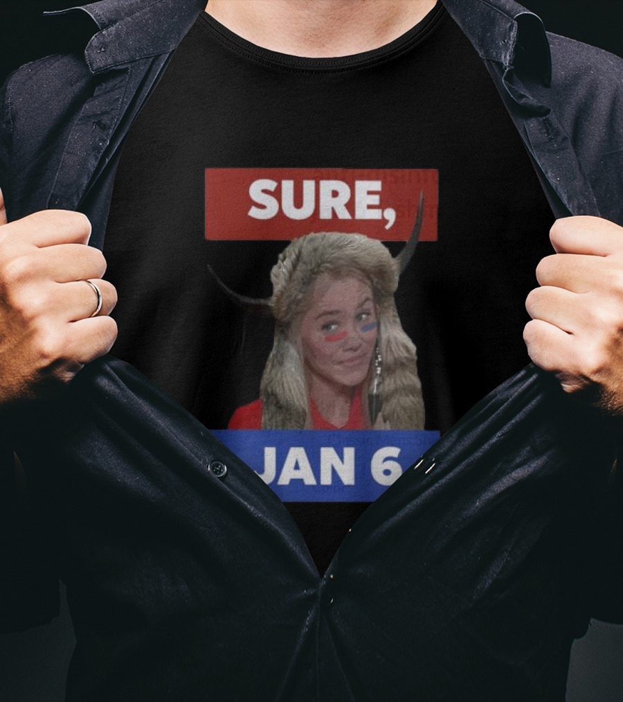 Jim Stewartson Anti-Disinfo Activist Sure Jan 6 Horned Headdress Red Blue Face Paint T-Shirt