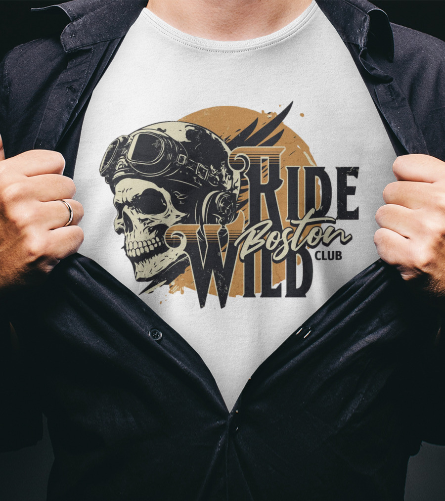 Ride Wild Boston Club Skull With Goggles T-Shirt