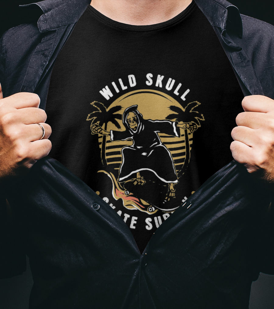Wild Skull Skate Supply Grim Reaper Skateboarding Palm Trees Retro T-Shirt