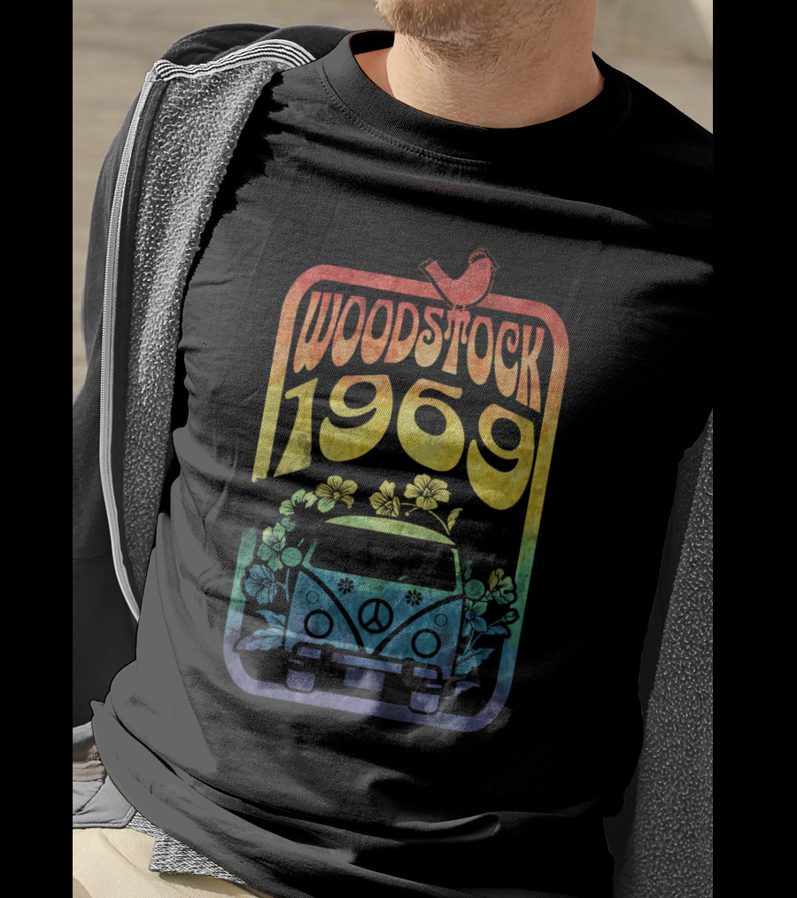Woodstock 1969 Colorful Campervan Peace Flowers Bird T-Shirt