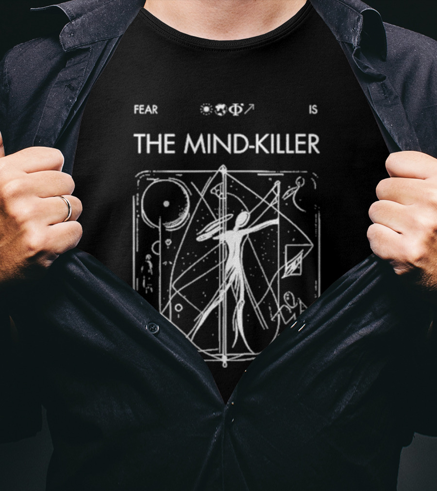 Fear Is The Mind-Killer Geometric Astronaut Design With Cosmic Symbols And Figures T-Shirt