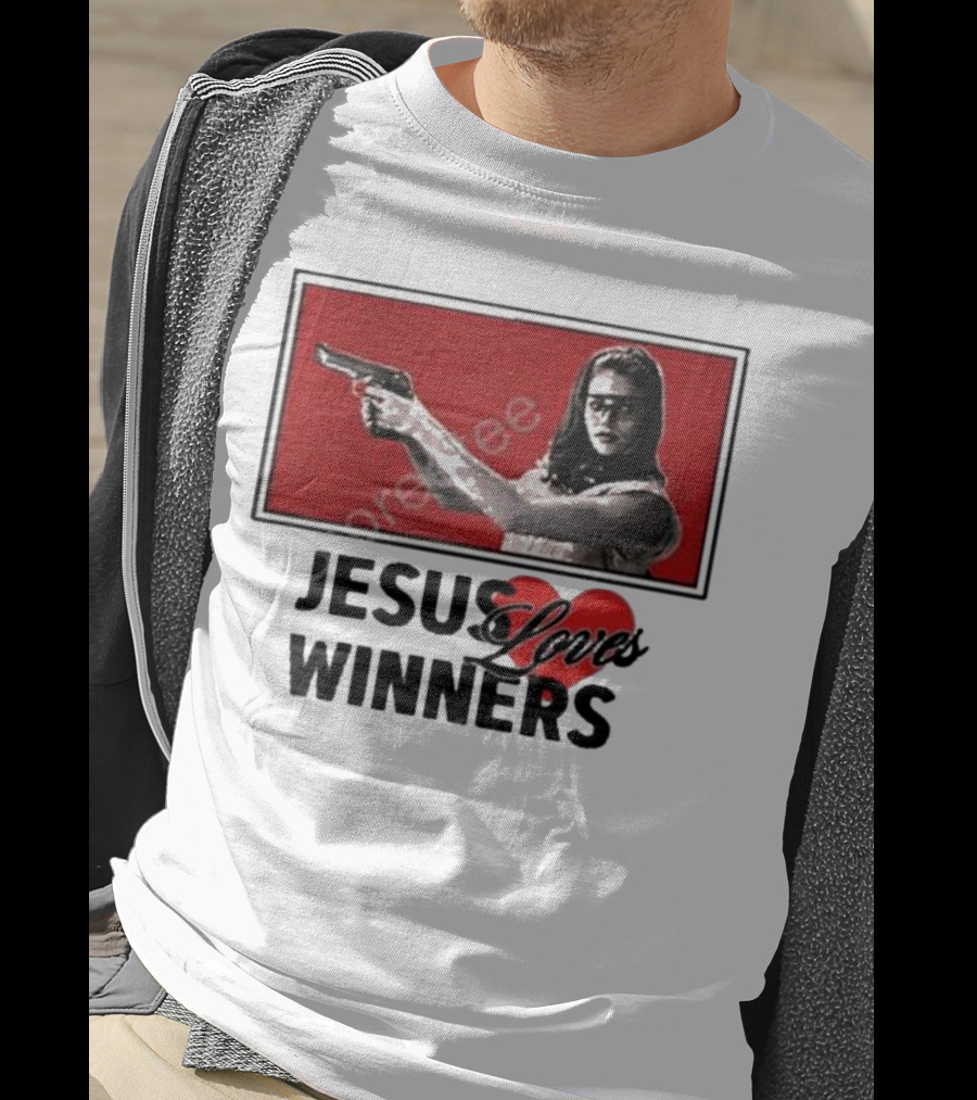 Super Yaki Jesus Loves Winners Red Gun Woman T-Shirt