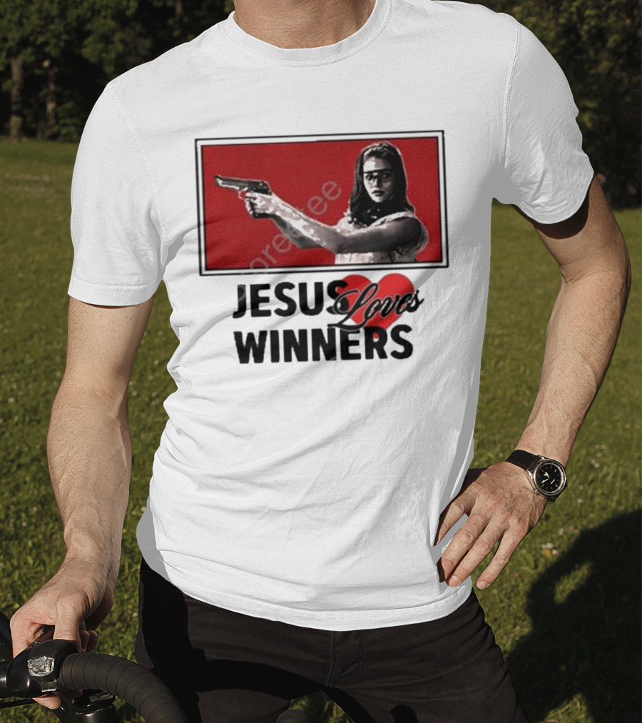 Super Yaki Jesus Loves Winners Red Gun Woman T-Shirt