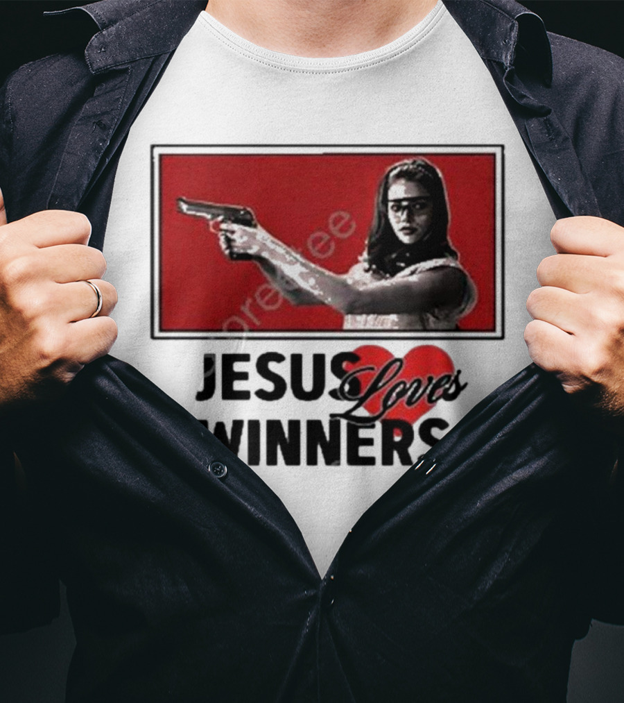Super Yaki Jesus Loves Winners Red Gun Woman T-Shirt