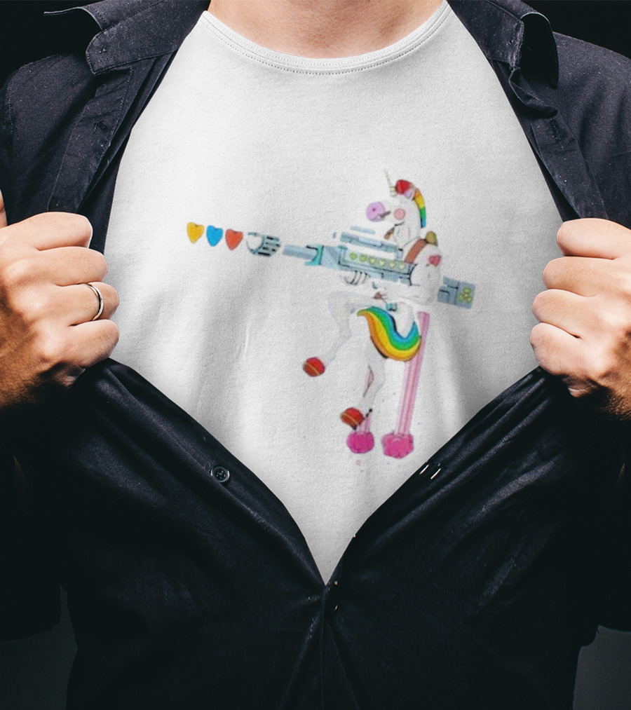 Punl-rock Rainbow Unicorn Armed With Colorful Hearts T-Shirt