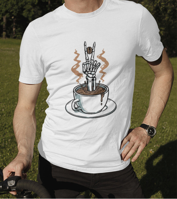 Skeleton In Cappuccino Dead Inside But Still Caffeinated Rock Hand Gesture T-Shirt