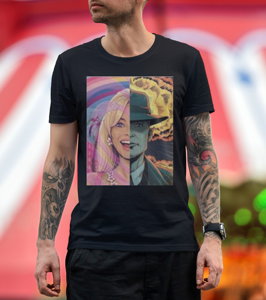 Discussingfilm Barbie Vs Oppenheimer Jonattfieldart Rainbow Explosion Duality T-Shirt