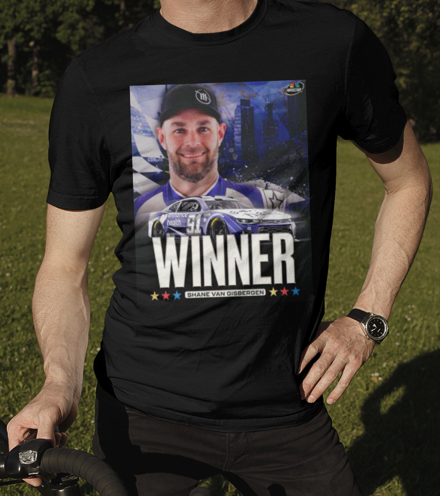 NASCAR Winner Shane Van Gisbergen With Race Car And Cityscape Background T-Shirt