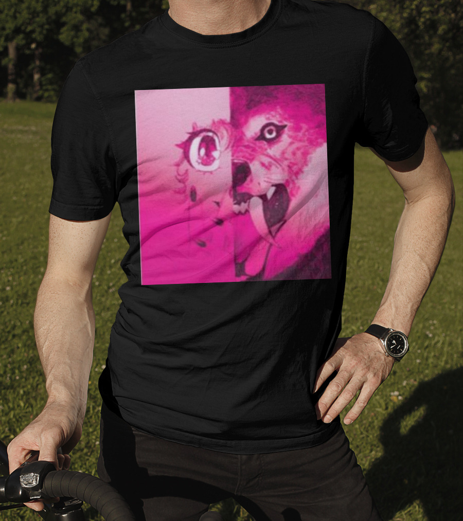 Dead On The Scene Wolf And Anime Girl Pink Contrast T-Shirt