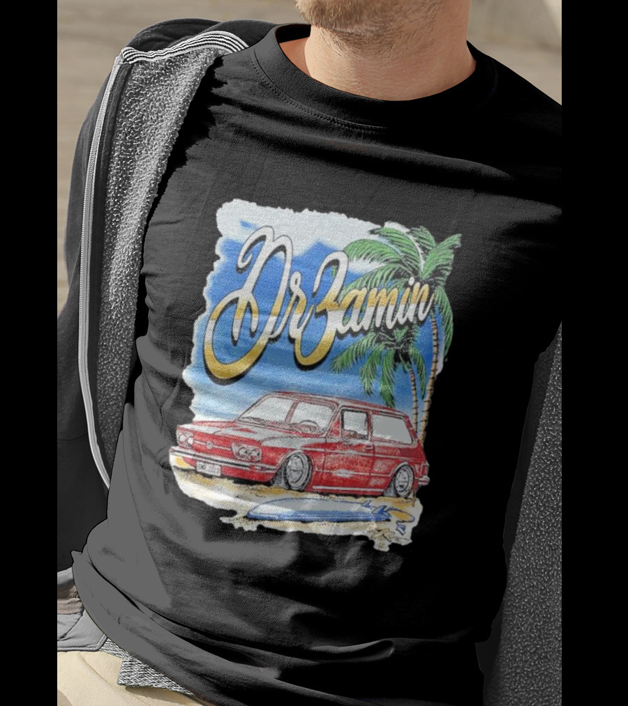 DrZamin Red Car Tropical Beach Scene With Palm Trees Surfboard T-Shirt