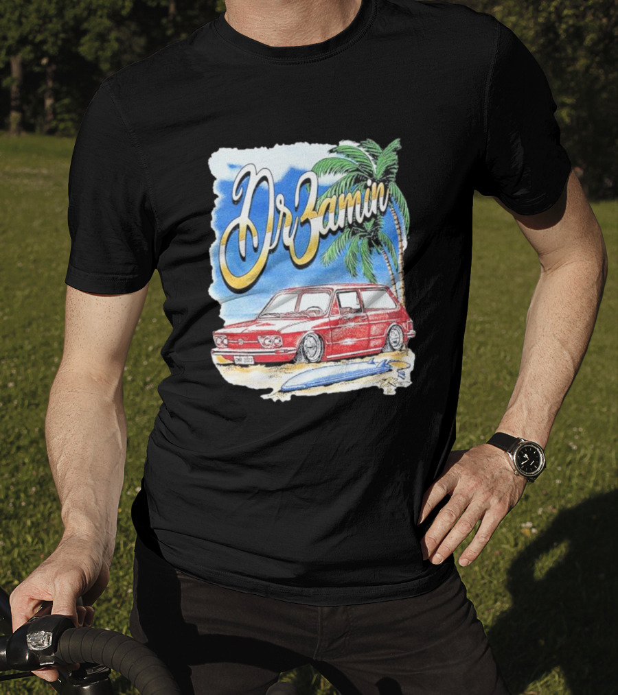 DrZamin Red Car Tropical Beach Scene With Palm Trees Surfboard T-Shirt