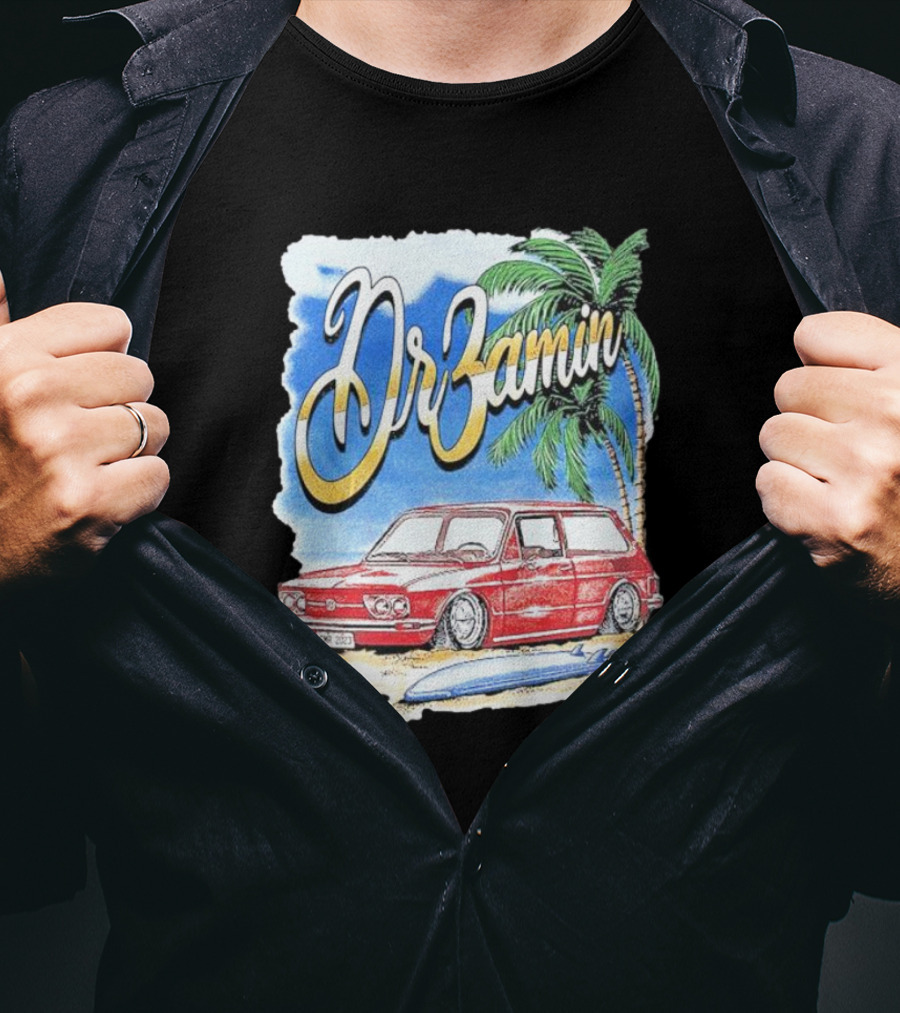 DrZamin Red Car Tropical Beach Scene With Palm Trees Surfboard T-Shirt