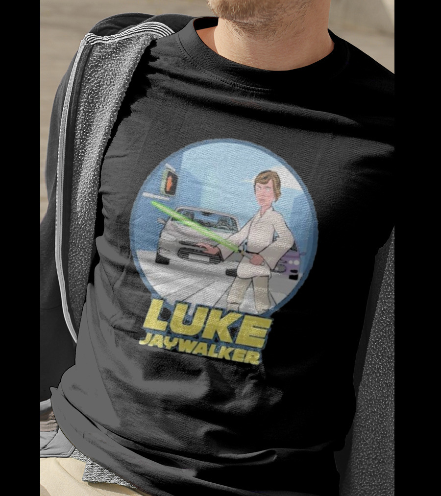 Luke Jaywalker Crossing With Lightsaber And Traffic Cars T-Shirt