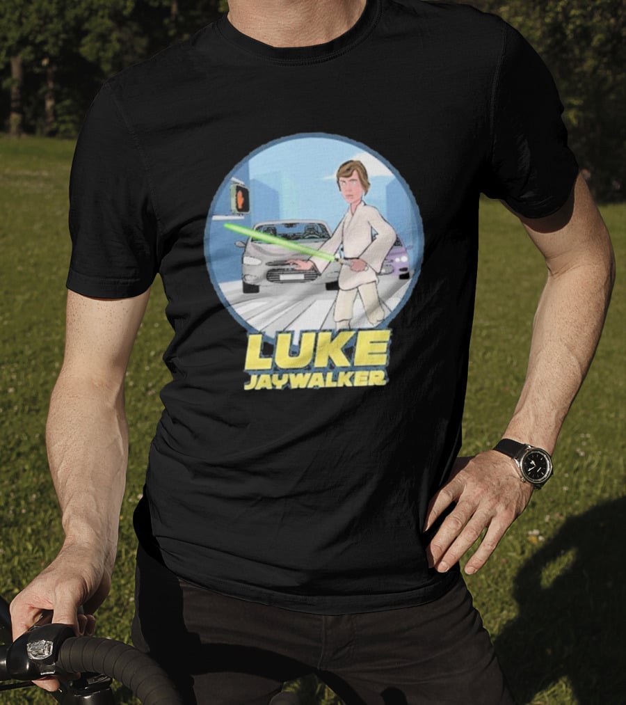 Luke Jaywalker Crossing With Lightsaber And Traffic Cars T-Shirt