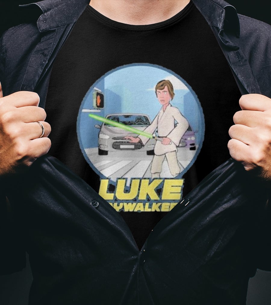 Luke Jaywalker Crossing With Lightsaber And Traffic Cars T-Shirt