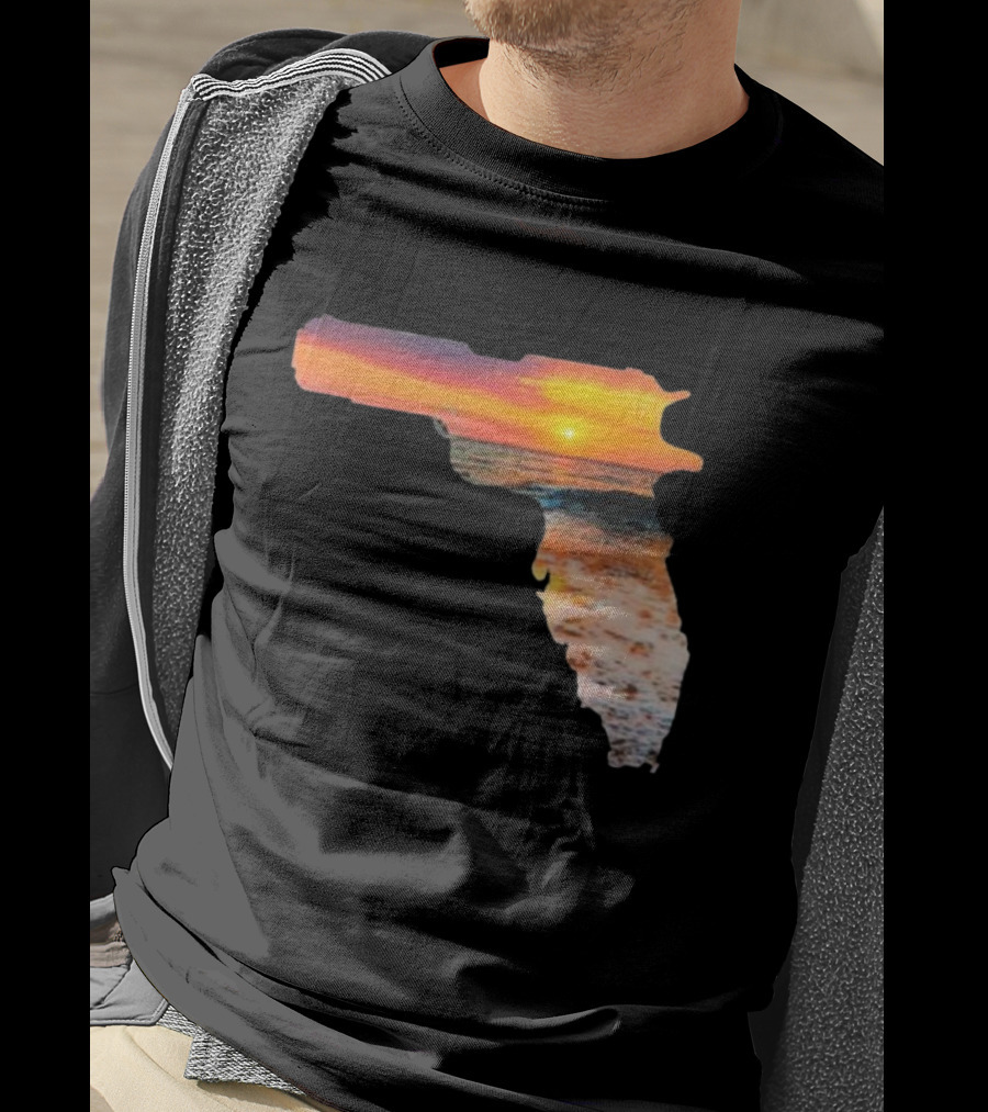 Florida The Gunshine State Gun Map Sunset Beach Scene T-Shirt