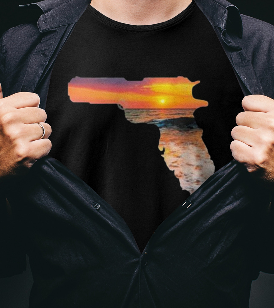 Florida The Gunshine State Gun Map Sunset Beach Scene T-Shirt